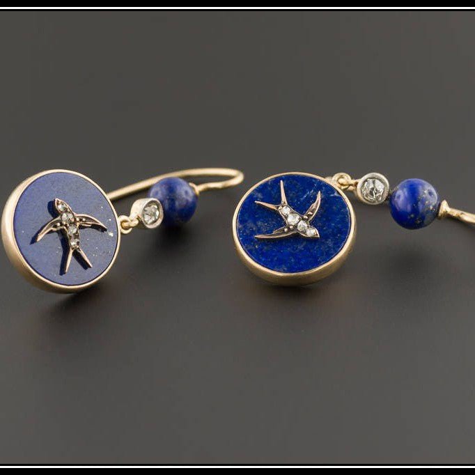 Antique Lapis Lazuli and Diamond Swallow Bird Earrings - Trademark Antiques