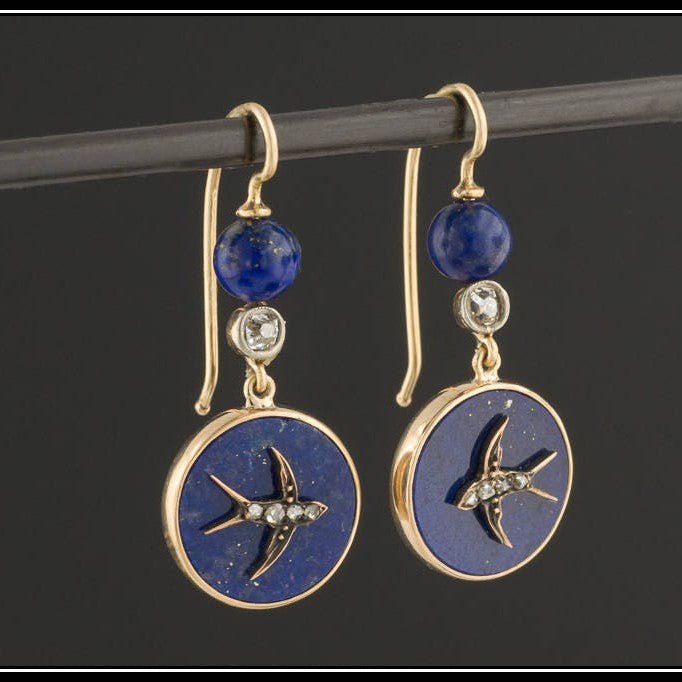 Antique Lapis Lazuli and Diamond Swallow Bird Earrings - Trademark Antiques