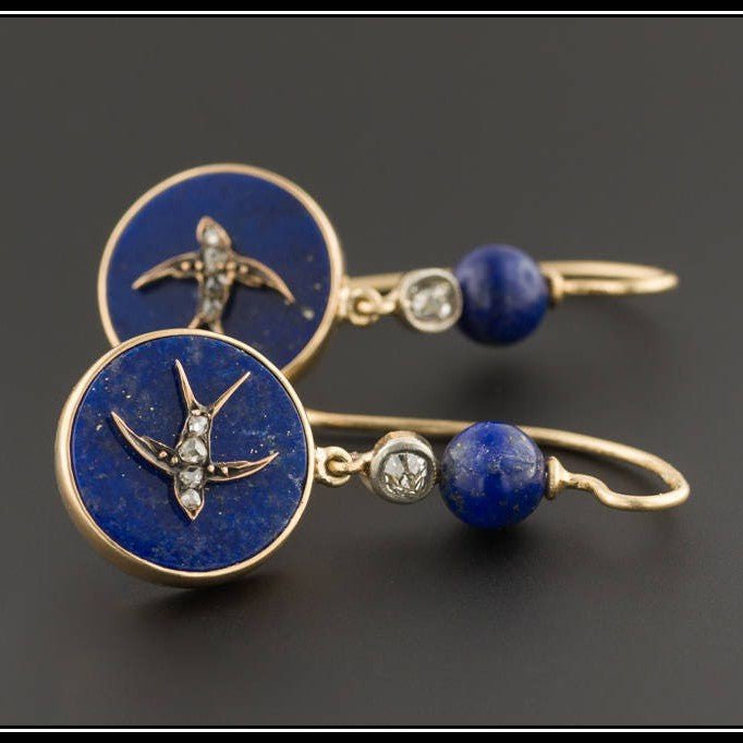 Antique Lapis Lazuli and Diamond Swallow Bird Earrings - Trademark Antiques