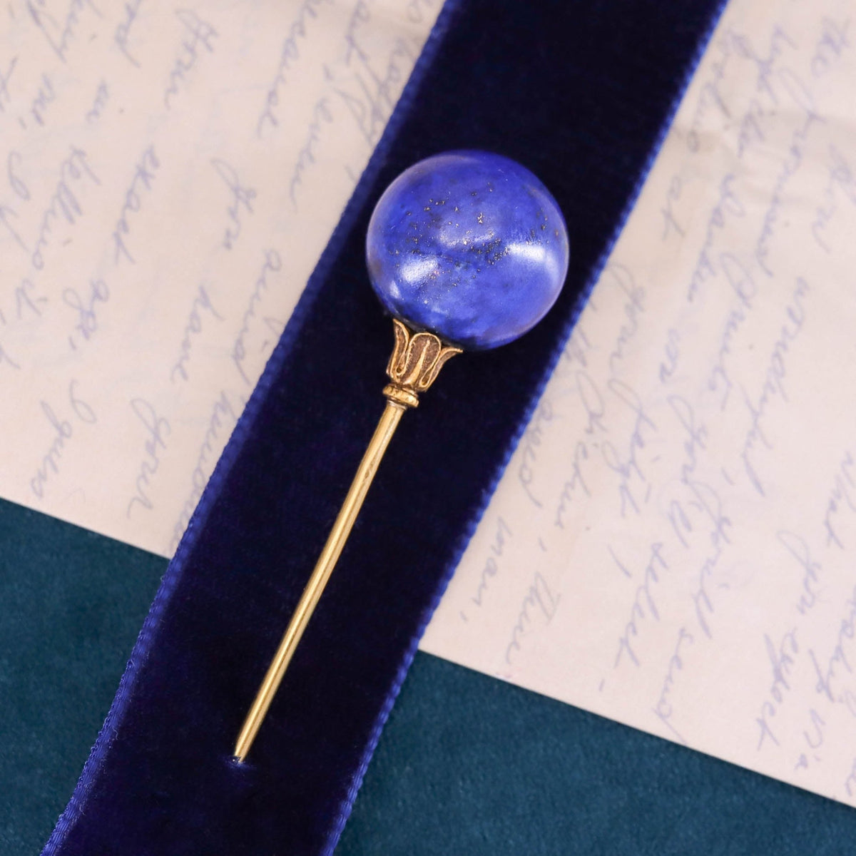 Antique Lapis Lazuli Orb Hatpin of 18k Gold - Trademark Antiques