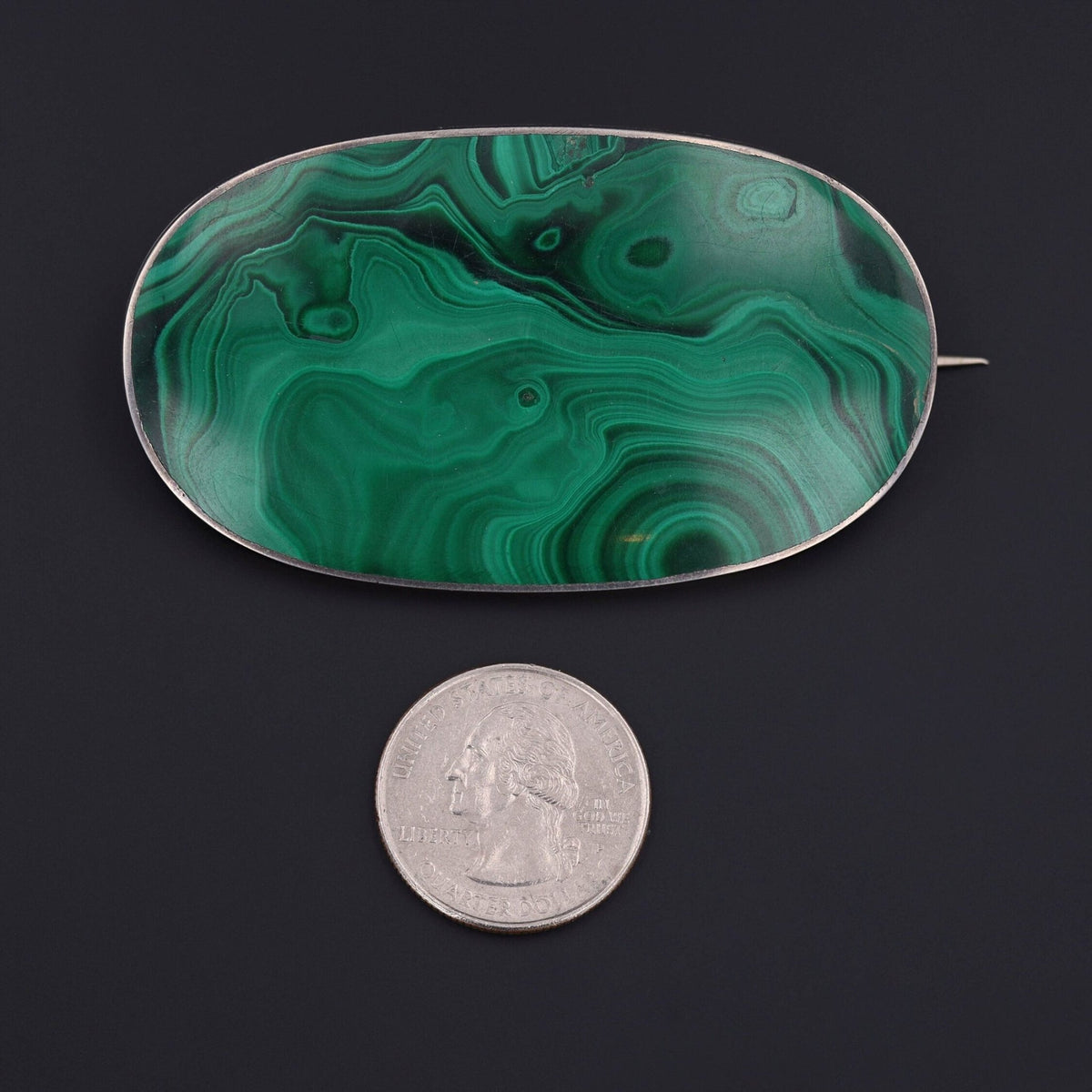 Antique Large Malachite Brooch in Silver - Trademark Antiques
