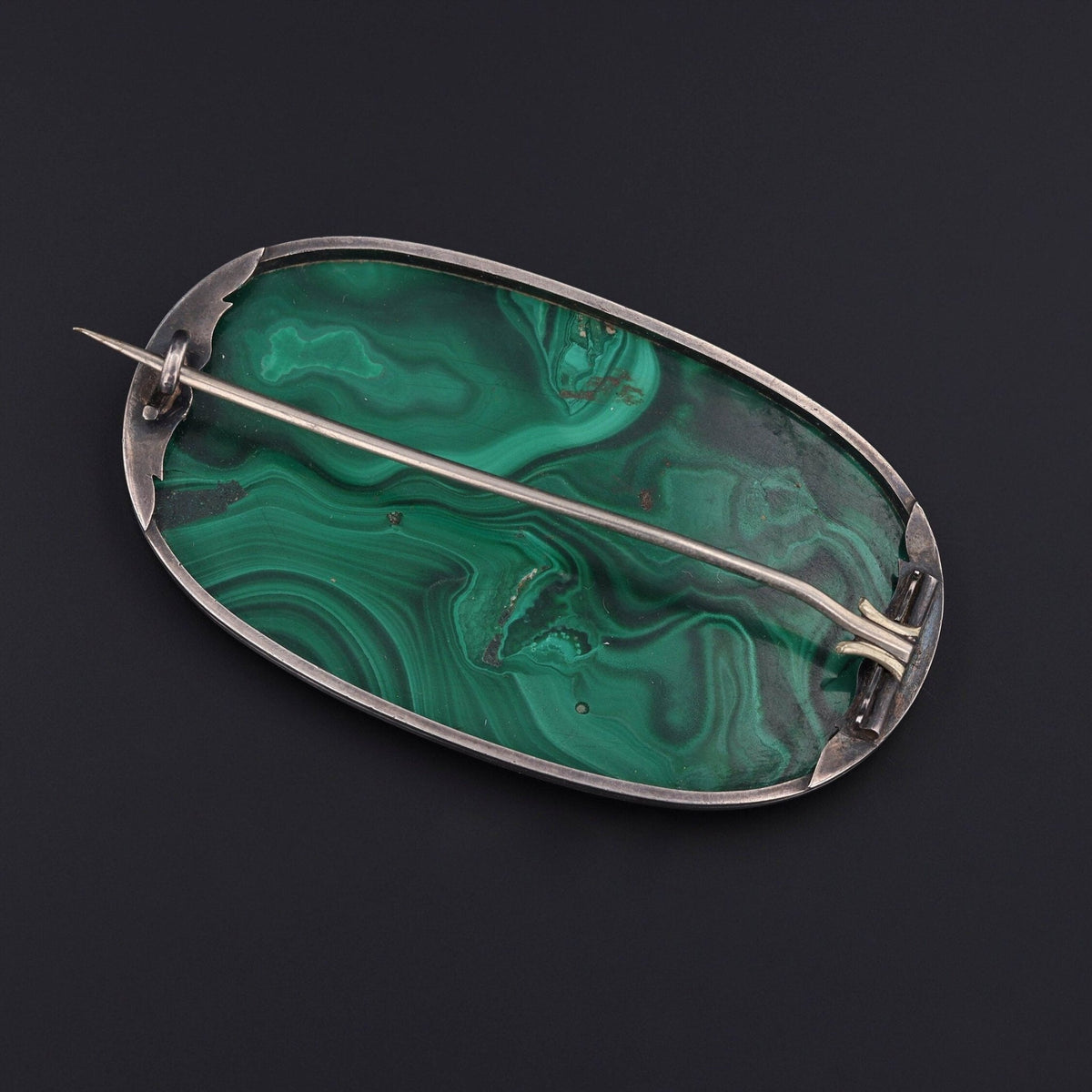 Antique Large Malachite Brooch in Silver - Trademark Antiques
