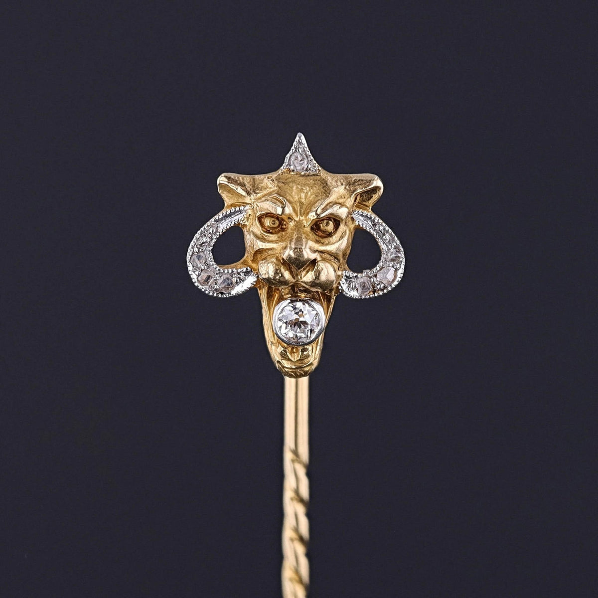 Antique Lion Stickpin of 14k Gold and Platinum - Trademark Antiques