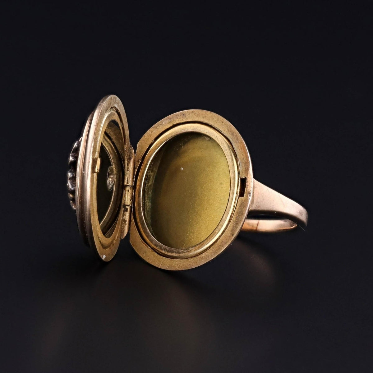 Antique Locket Ring of 10k Gold Onyx &amp; Diamond - Trademark Antiques