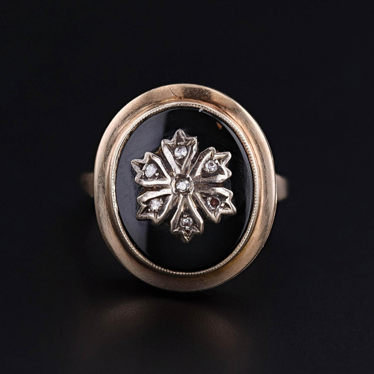 Antique Locket Ring of 10k Gold Onyx &amp; Diamond - Trademark Antiques