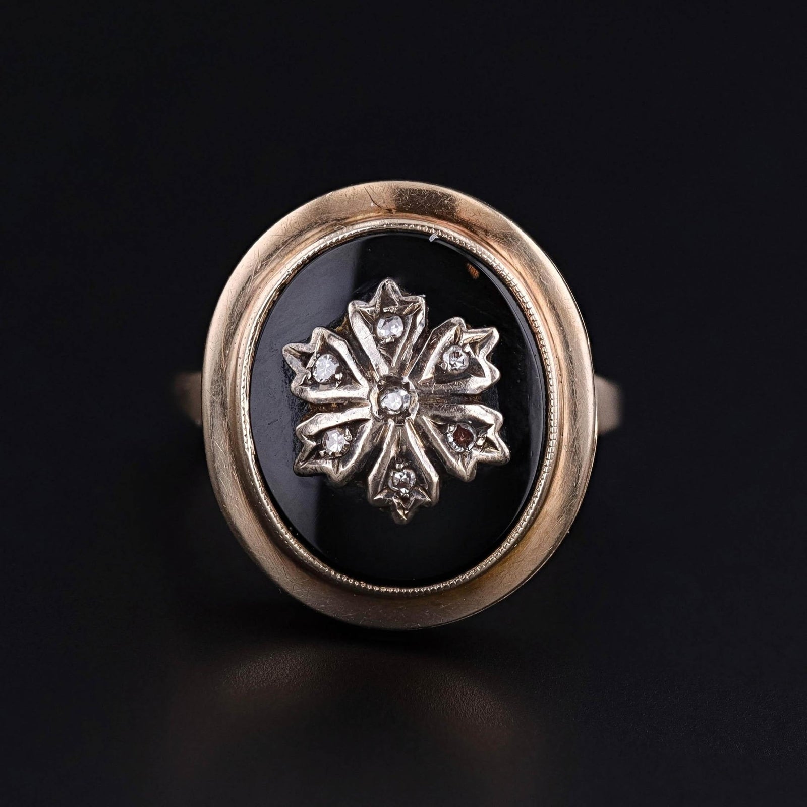 Antique Locket Ring of 10k Gold Onyx & Diamond - Trademark Antiques