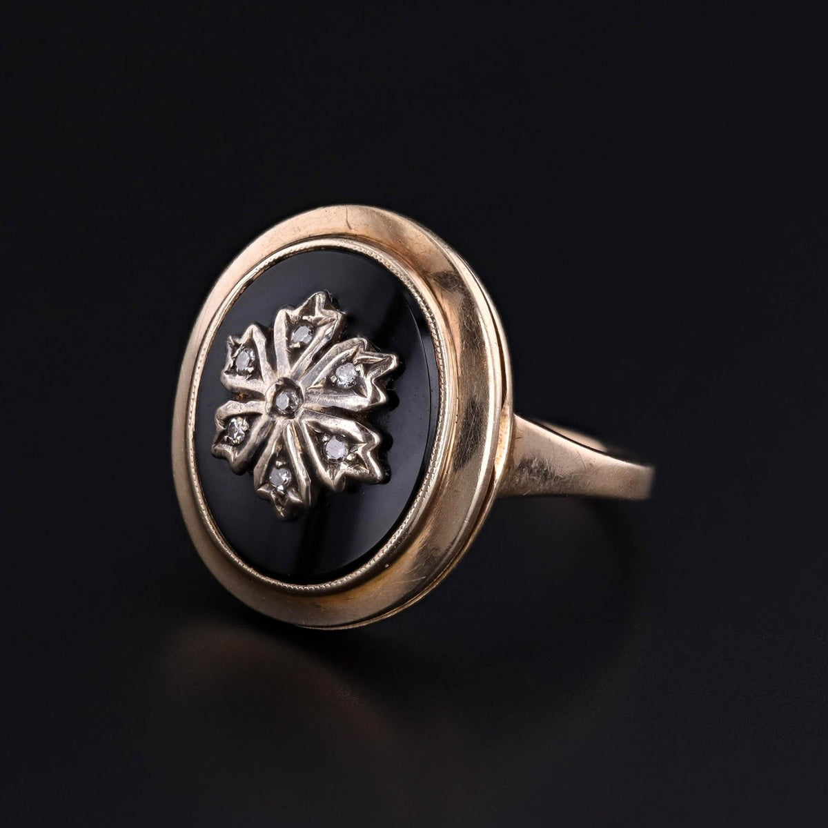 Antique Locket Ring of 10k Gold Onyx &amp; Diamond - Trademark Antiques