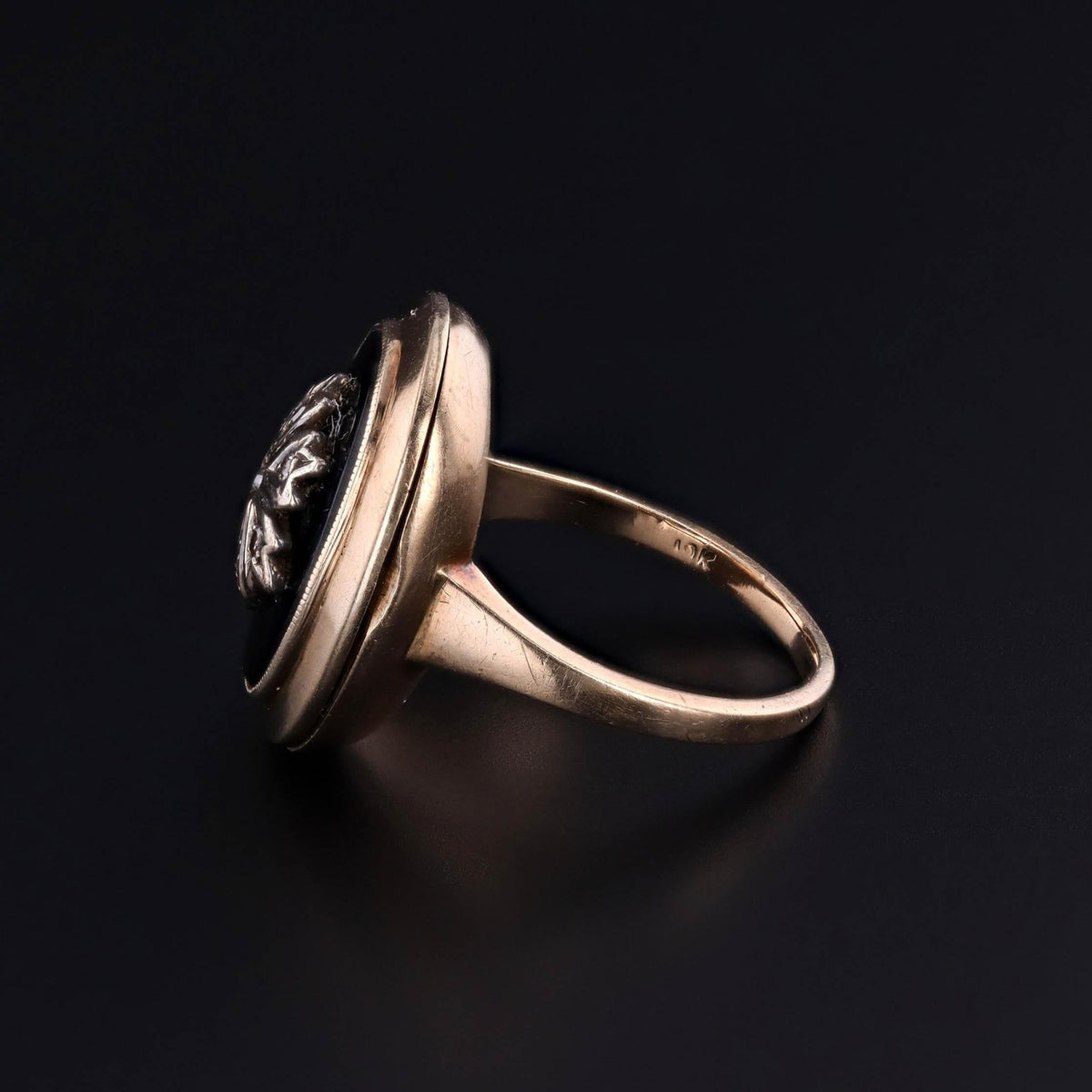 Antique Locket Ring of 10k Gold Onyx &amp; Diamond - Trademark Antiques