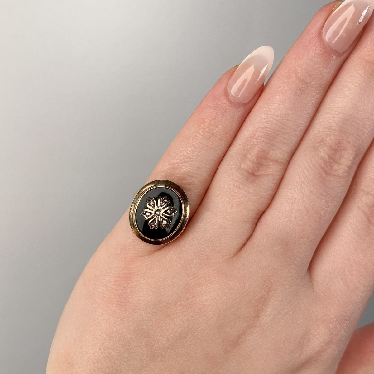 Antique Locket Ring of 10k Gold Onyx &amp; Diamond - Trademark Antiques