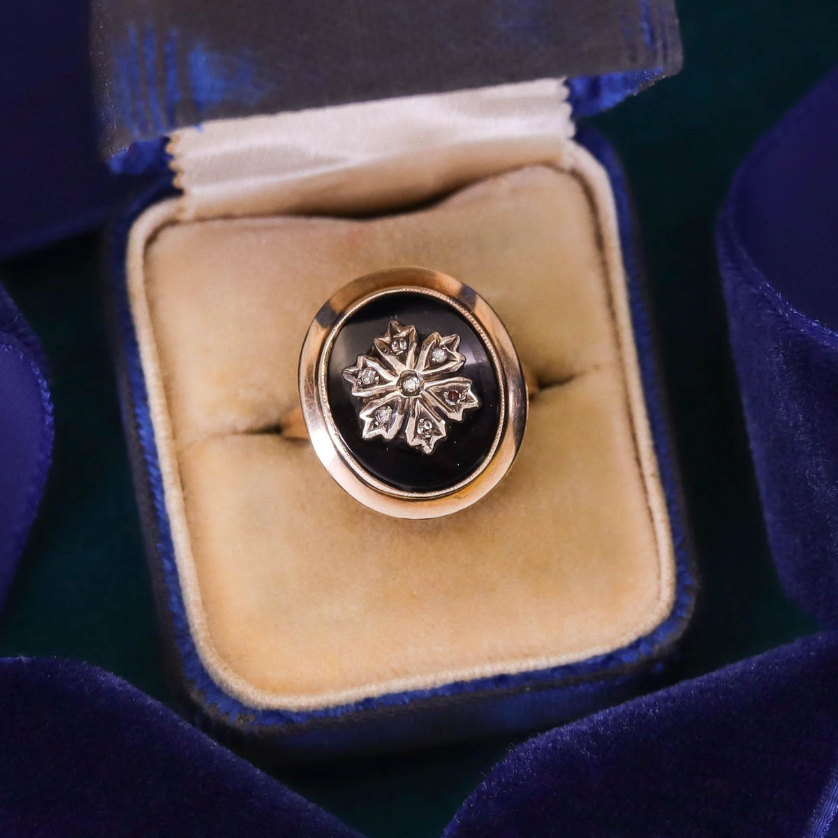 Antique Locket Ring of 10k Gold Onyx &amp; Diamond - Trademark Antiques