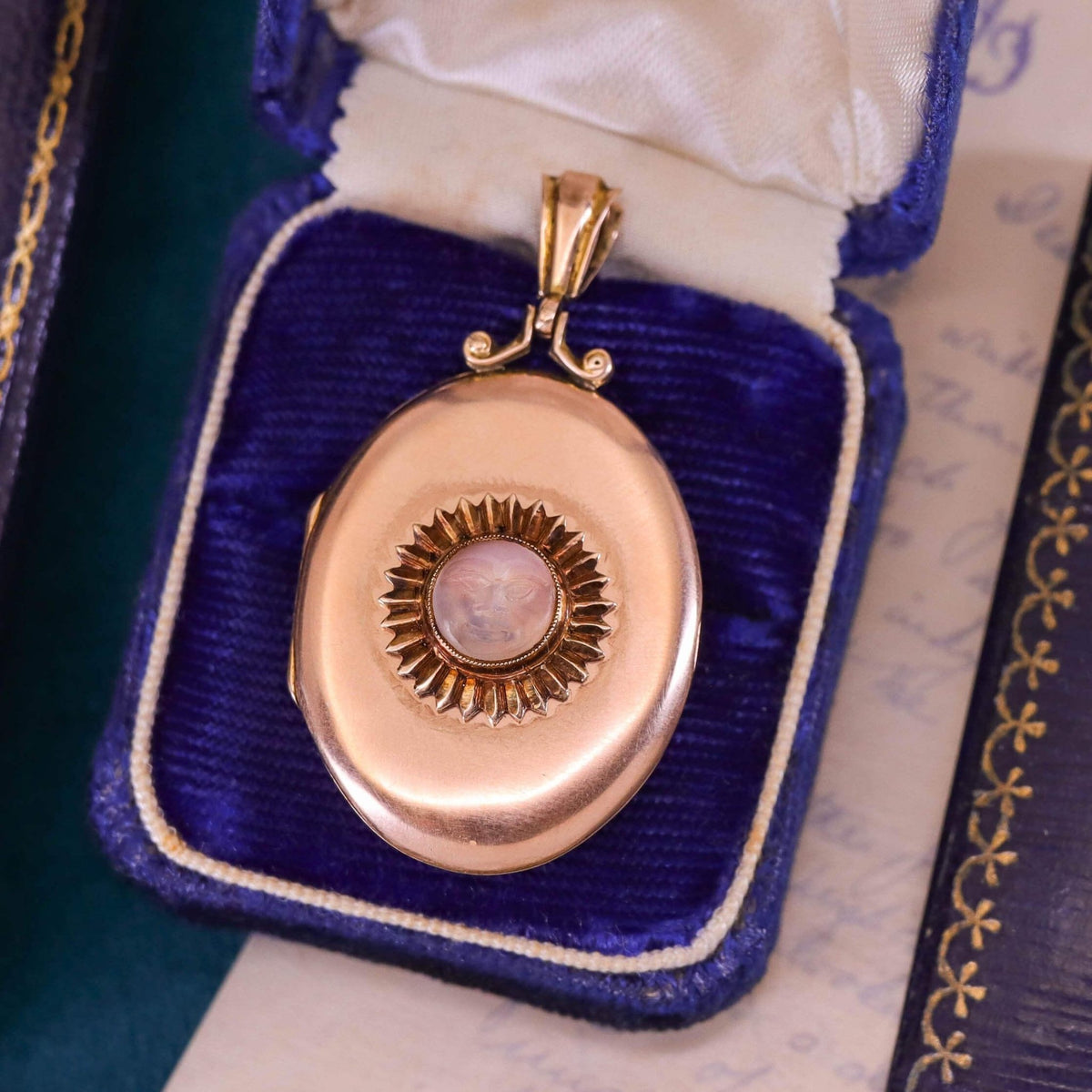 Antique Man in Moon Moonstone Locket of 9k and 10k Gold - Trademark Antiques