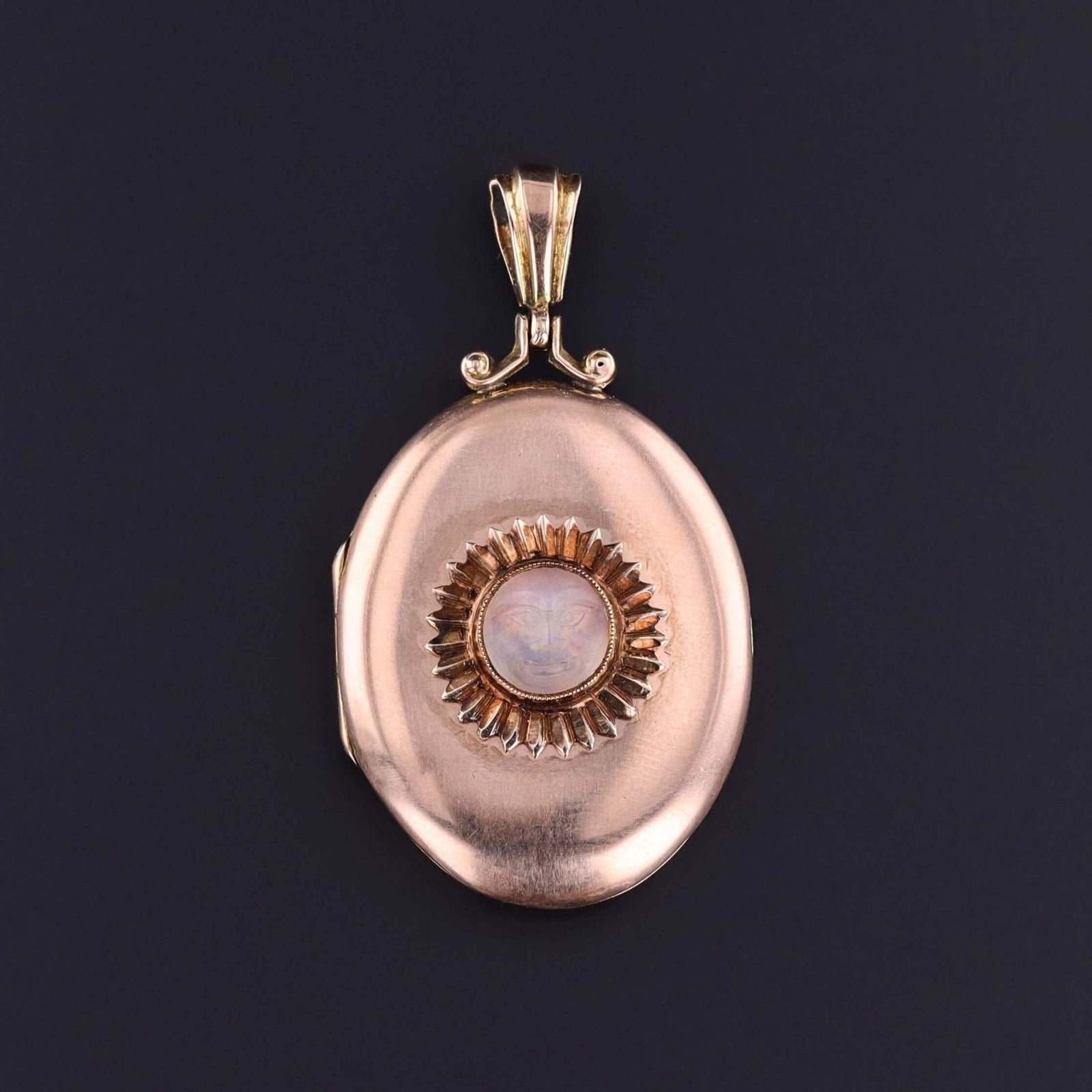 Antique Man in Moon Moonstone Locket of 9k and 10k Gold - Trademark Antiques