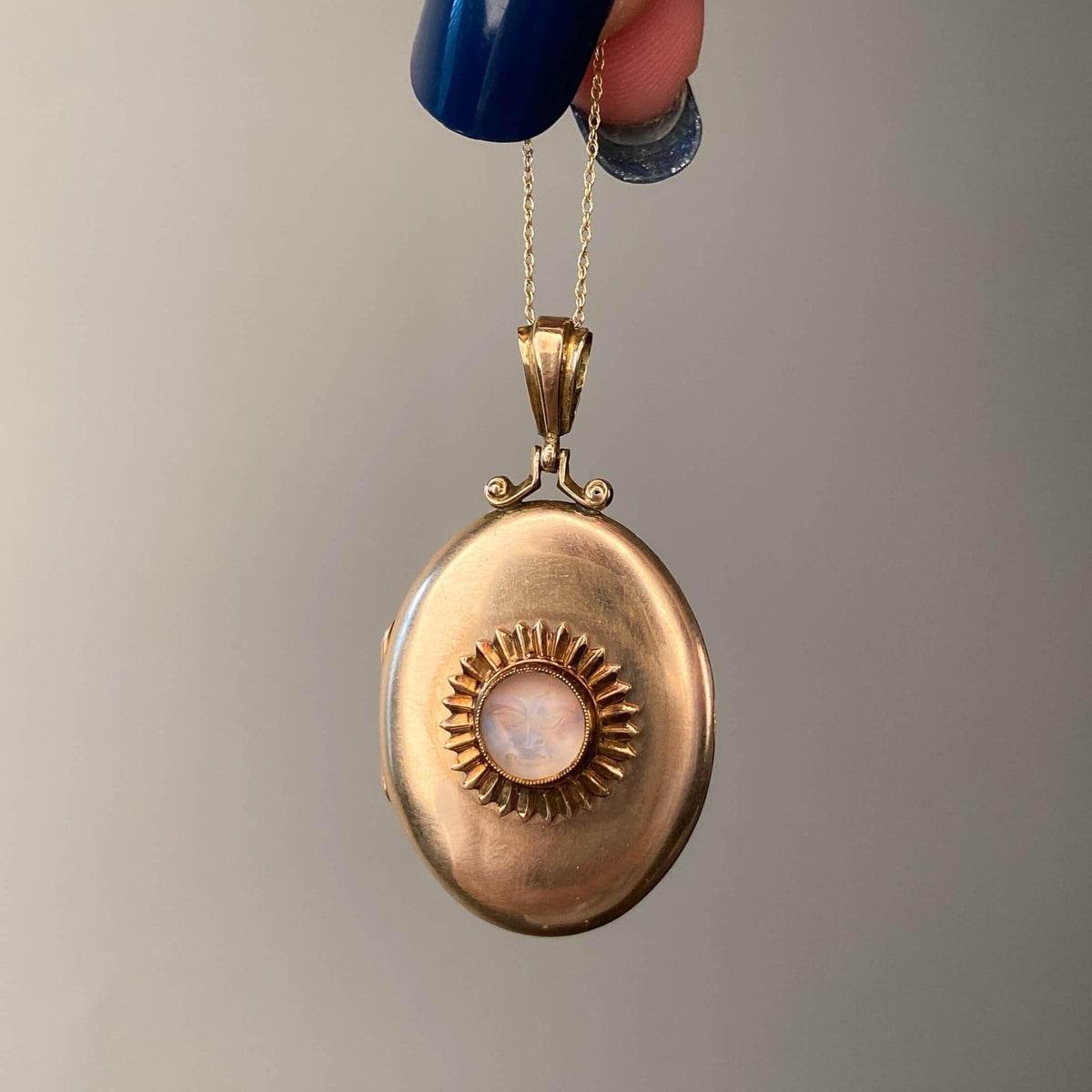 Antique Man in Moon Moonstone Locket of 9k and 10k Gold - Trademark Antiques