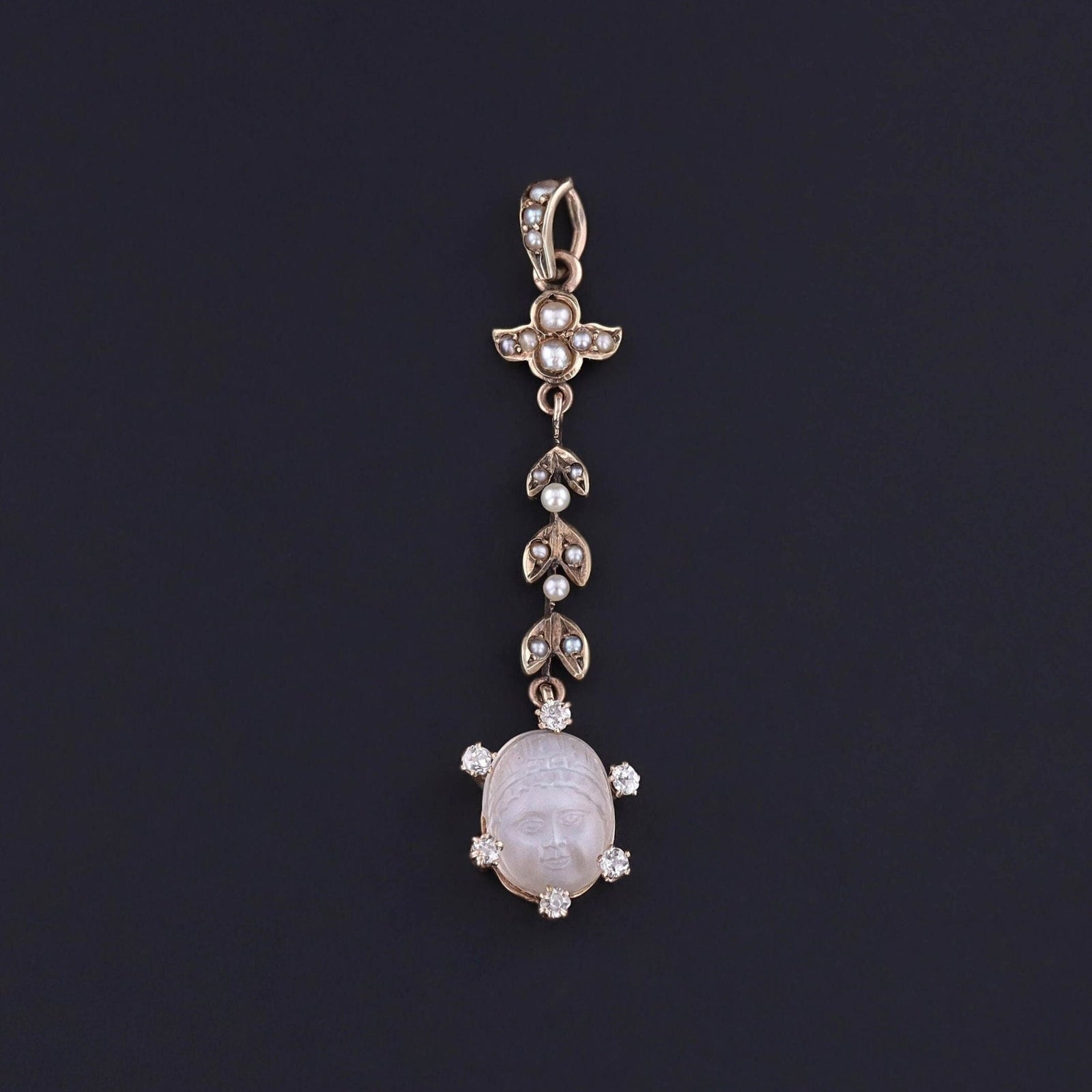 Antique Man in the Moon Moonstone & Diamond Pendant - Trademark Antiques