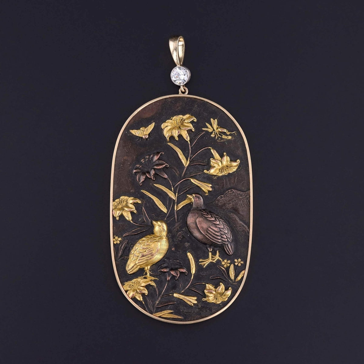 Antique Meiji Era Shakudo Pendant in 14k Gold - Trademark Antiques