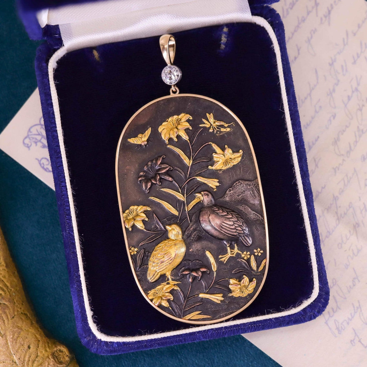 Antique Meiji Era Shakudo Pendant in 14k Gold - Trademark Antiques