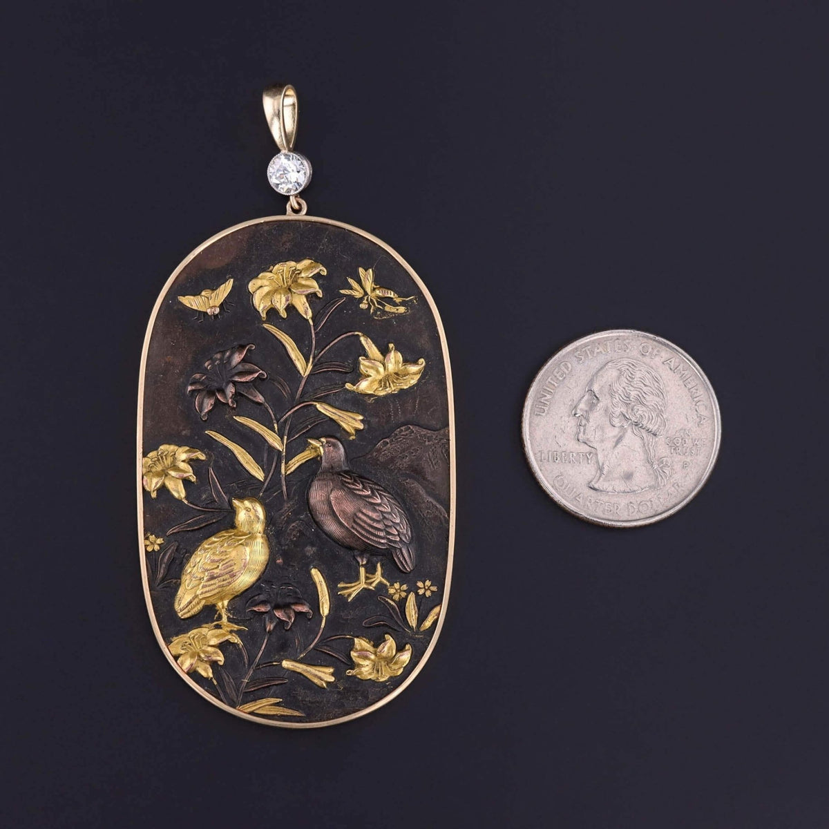 Antique Meiji Era Shakudo Pendant in 14k Gold - Trademark Antiques