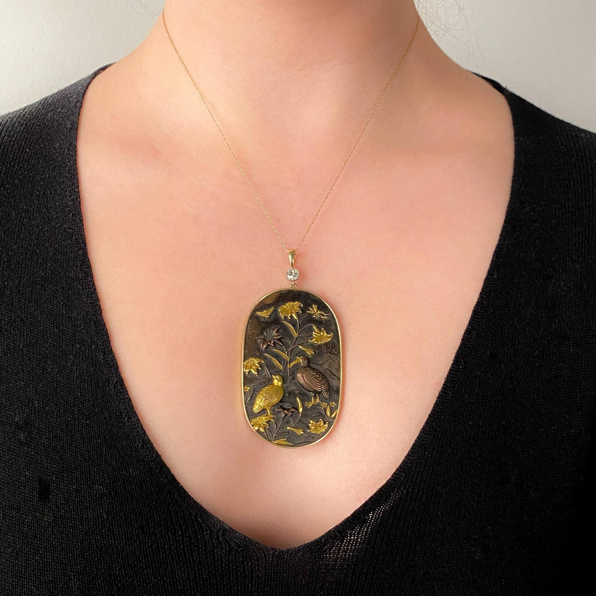 Antique Meiji Era Shakudo Pendant in 14k Gold - Trademark Antiques