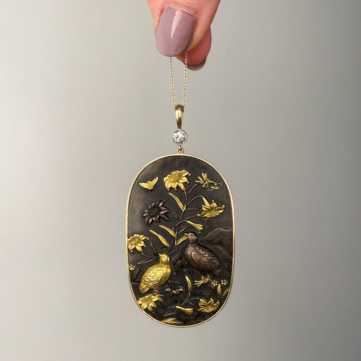 Antique Meiji Era Shakudo Pendant in 14k Gold - Trademark Antiques