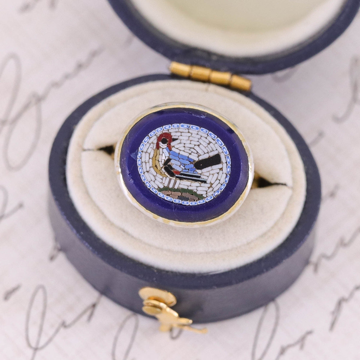 Antique Micromosaic Bird Conversion Ring of 14k Gold - Trademark Antiques