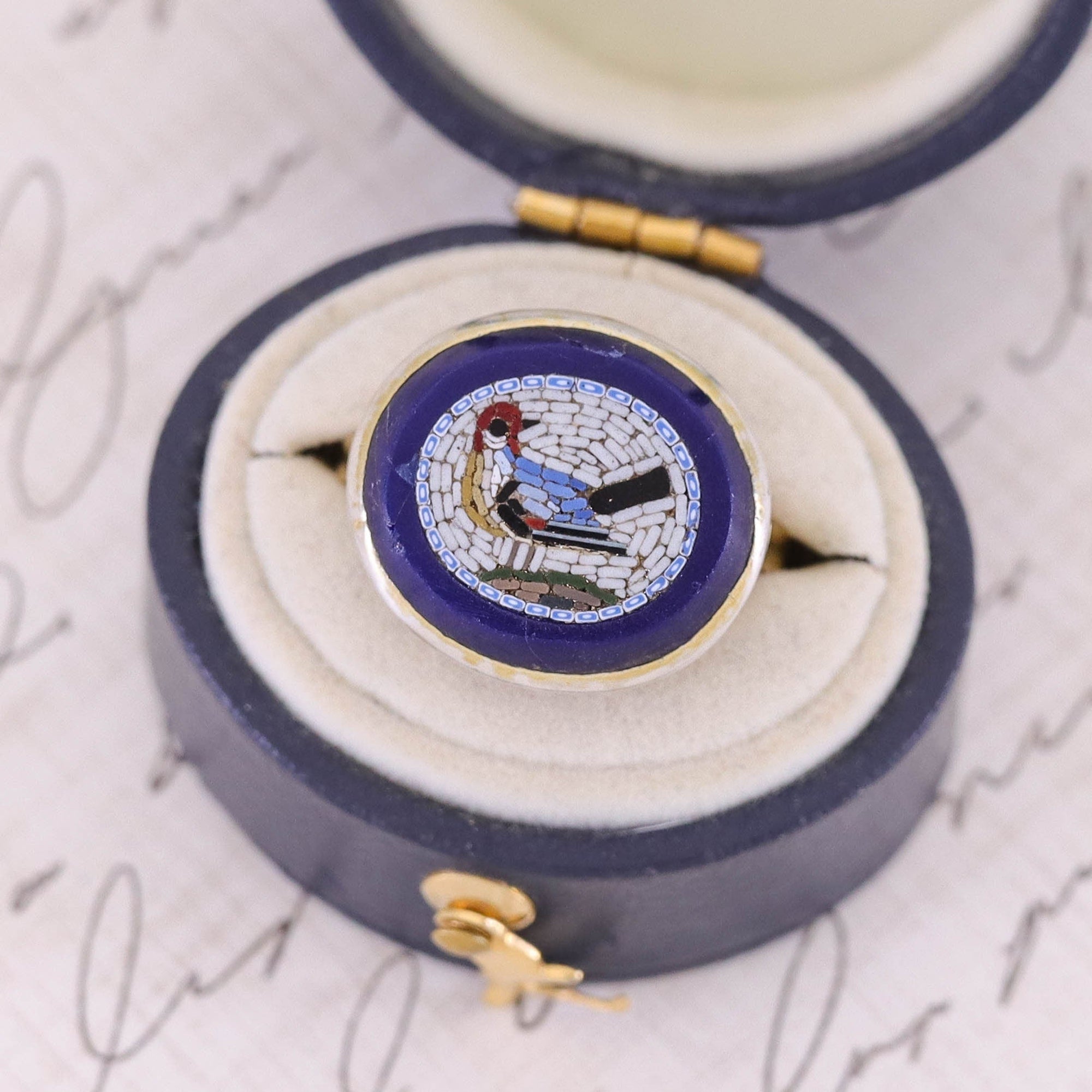 Antique Micromosaic Bird Conversion Ring of 14k Gold - Trademark Antiques
