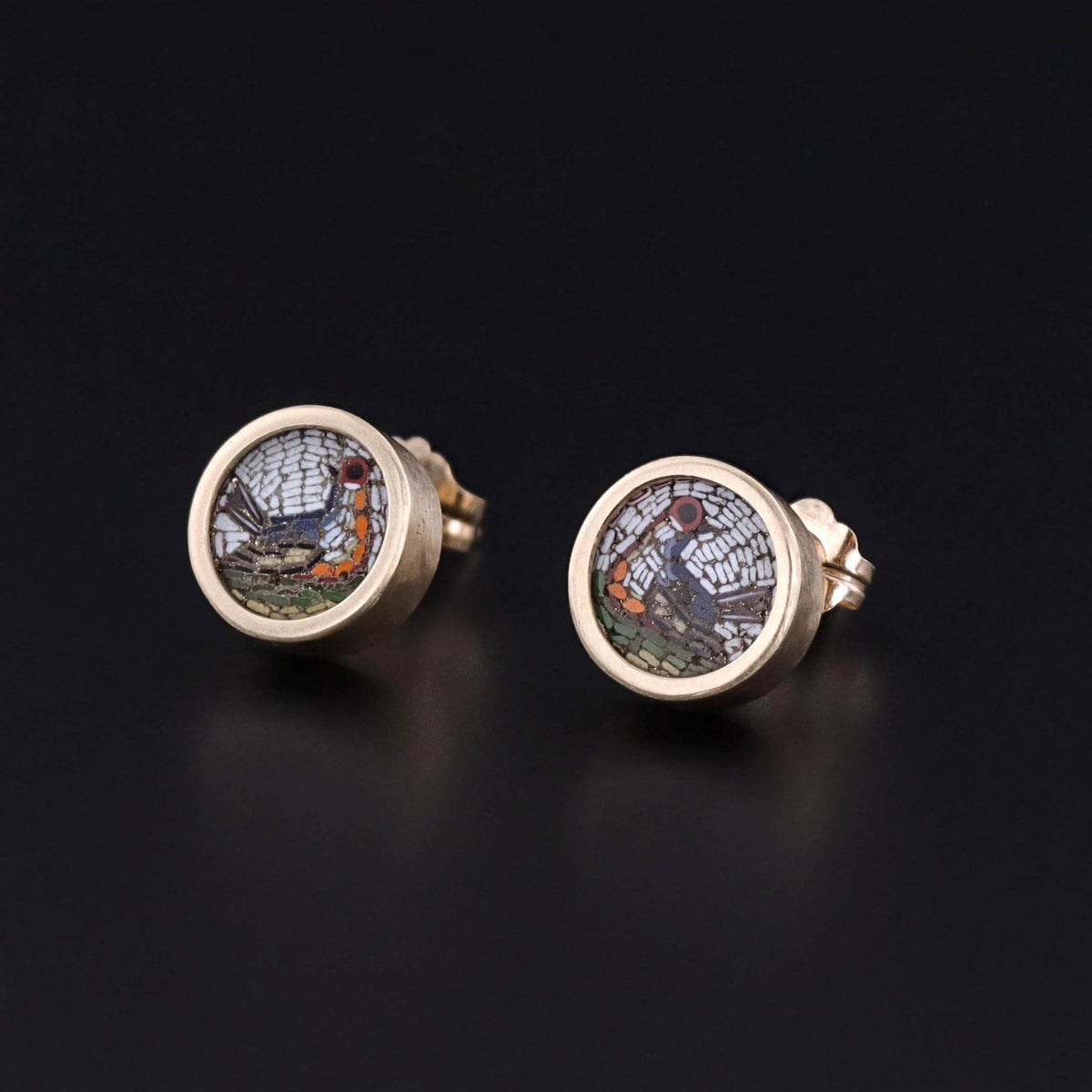Antique Micromosaic Bird Earrings of 14k Gold - Trademark Antiques