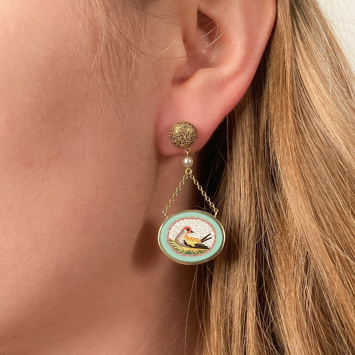 Antique Micromosaic Bird Earrings of 14k Gold - Trademark Antiques