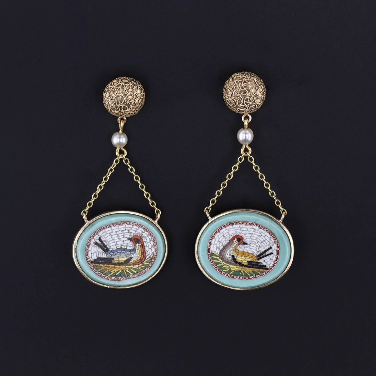 Antique Micromosaic Bird Earrings of 14k Gold - Trademark Antiques