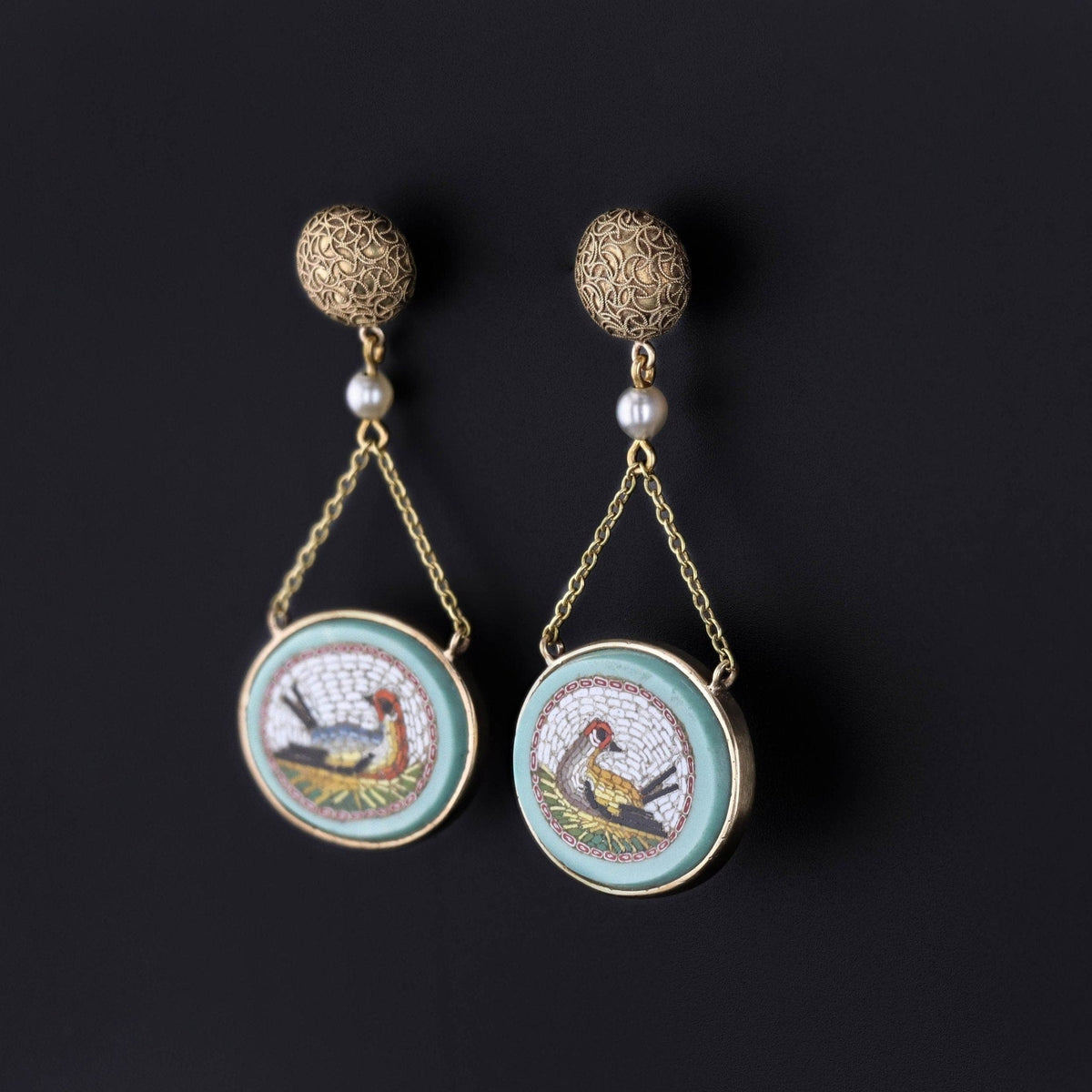 Antique Micromosaic Bird Earrings of 14k Gold - Trademark Antiques