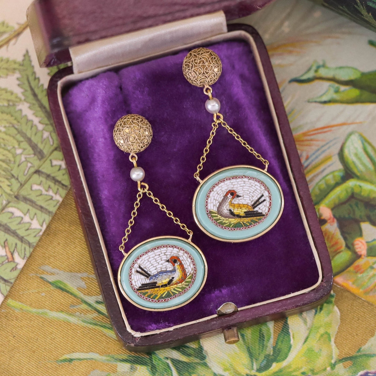 Antique Micromosaic Bird Earrings of 14k Gold - Trademark Antiques