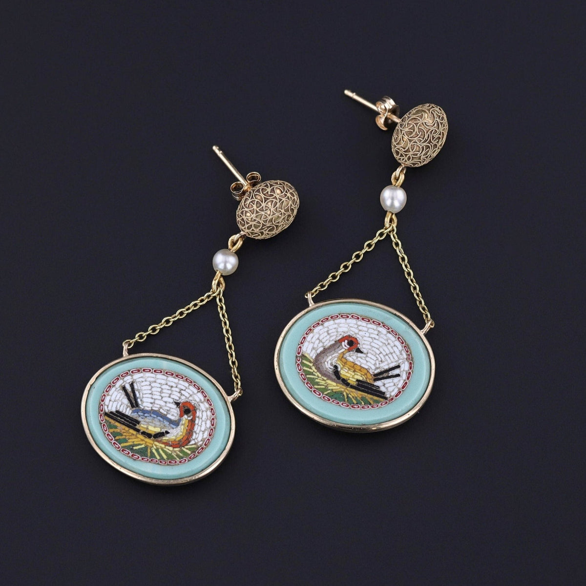 Antique Micromosaic Bird Earrings of 14k Gold - Trademark Antiques