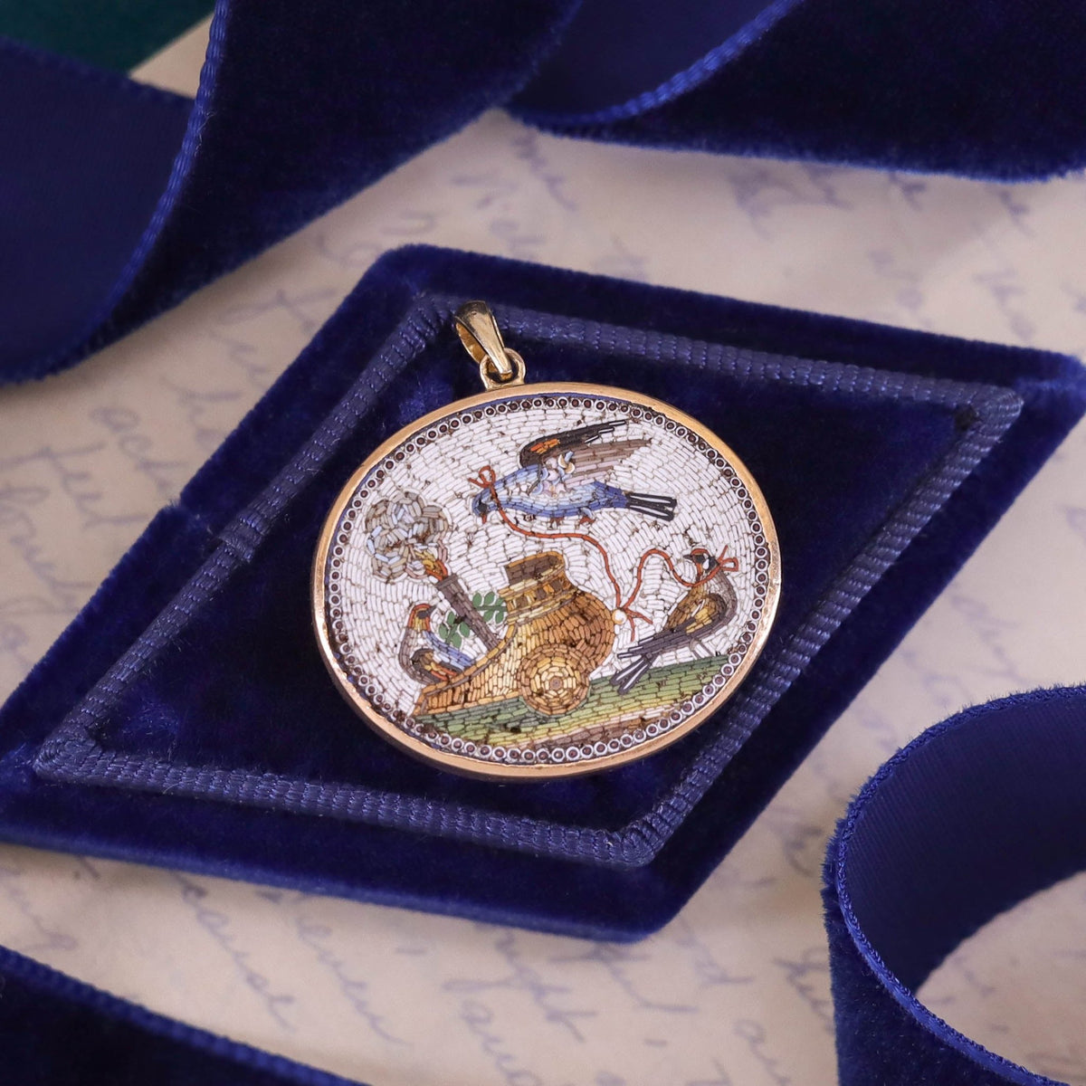 Antique Micromosaic Bird Pendant of 14k Gold - Trademark Antiques