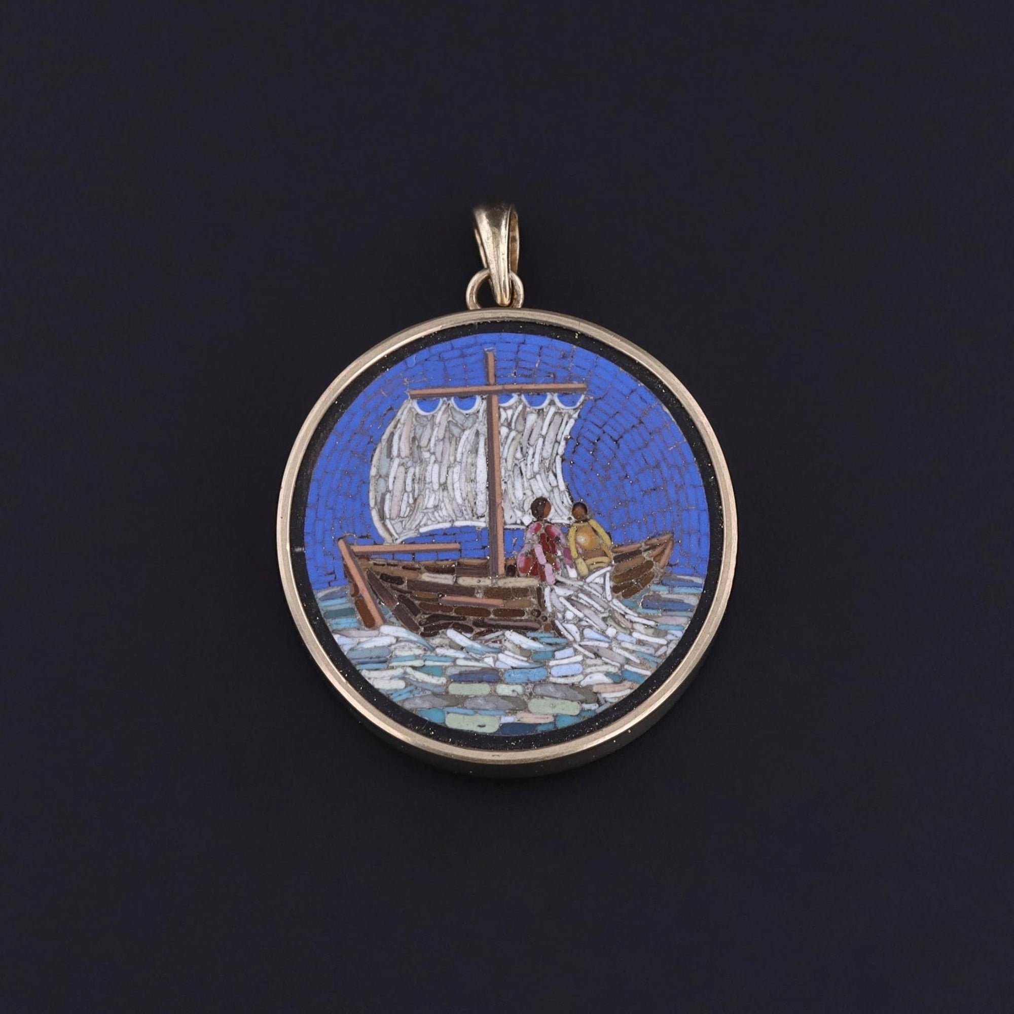Antique Micromosaic Fishing Boat Pendant of 14k Gold - Trademark Antiques