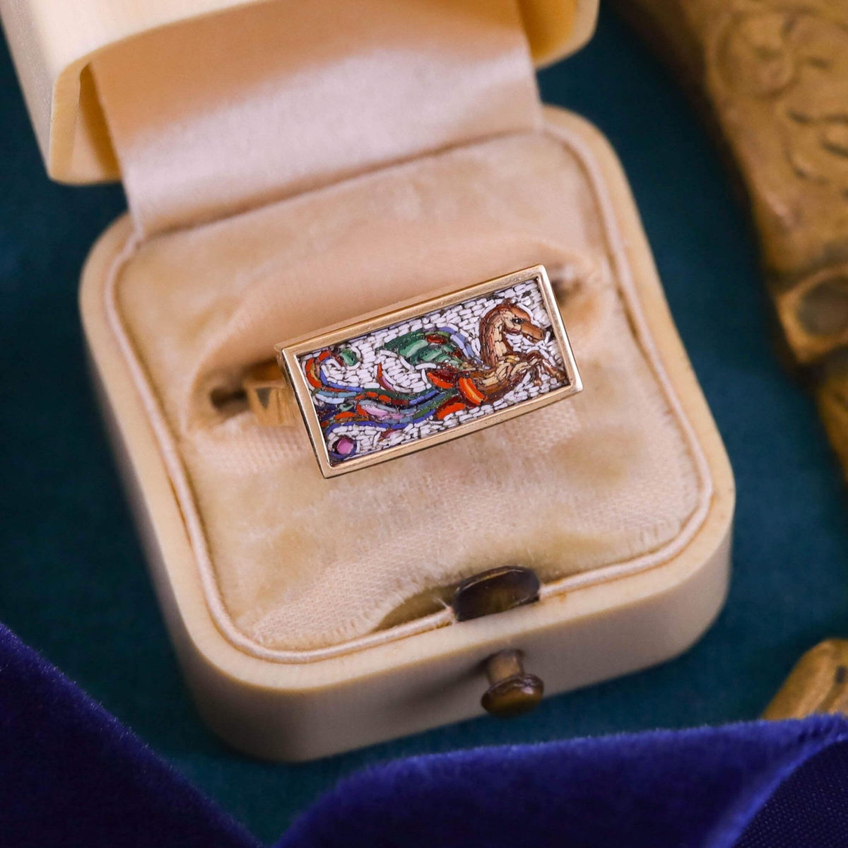 Antique Micromosaic Pegasus Ring of 14k Gold - Trademark Antiques