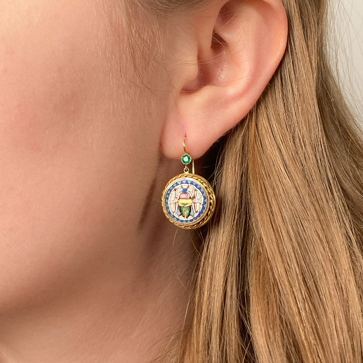 Antique Micromosaic Scarab Earrings of 14k Gold - Trademark Antiques