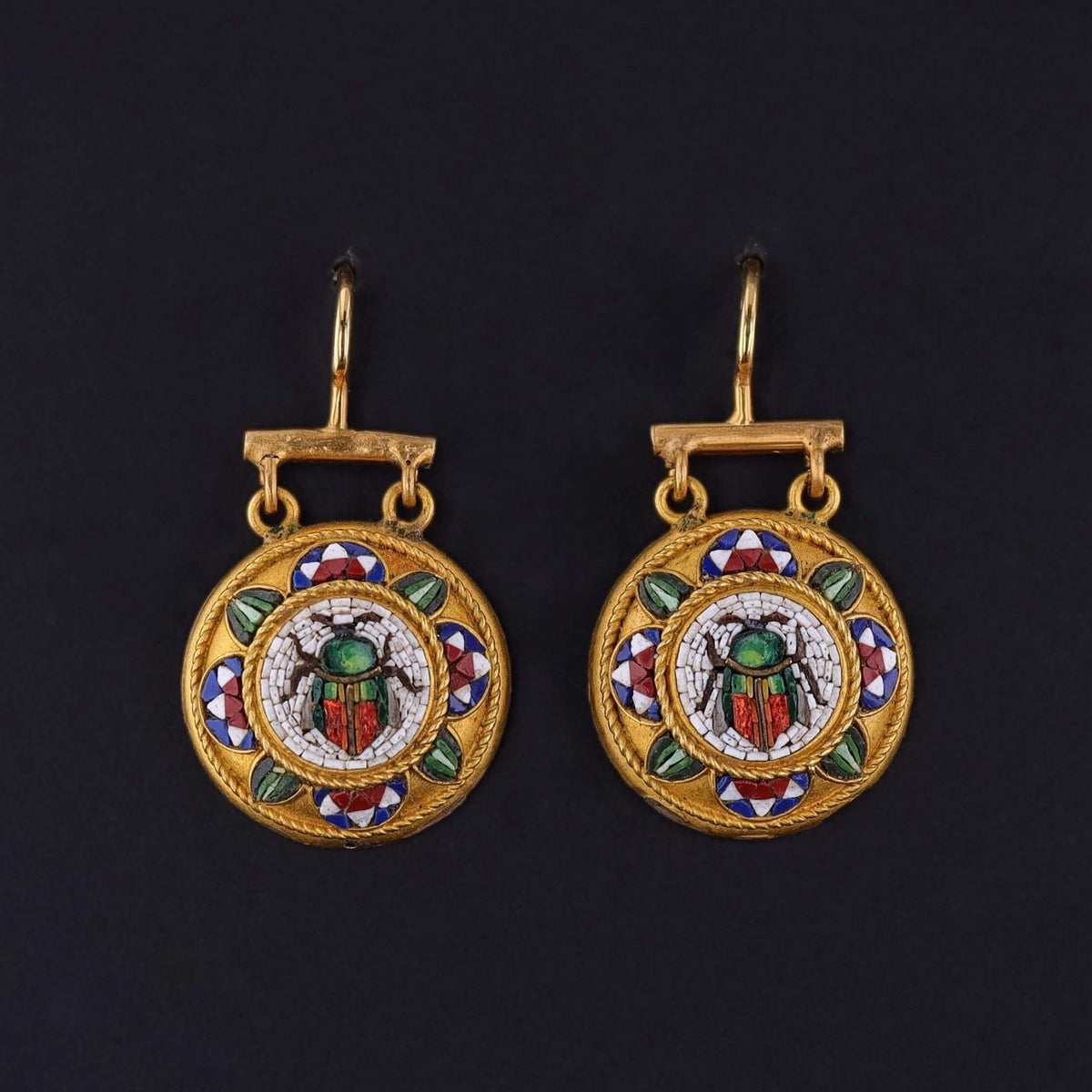 Antique Micromosaic Scarab Earrings of 18k Gold - Trademark Antiques