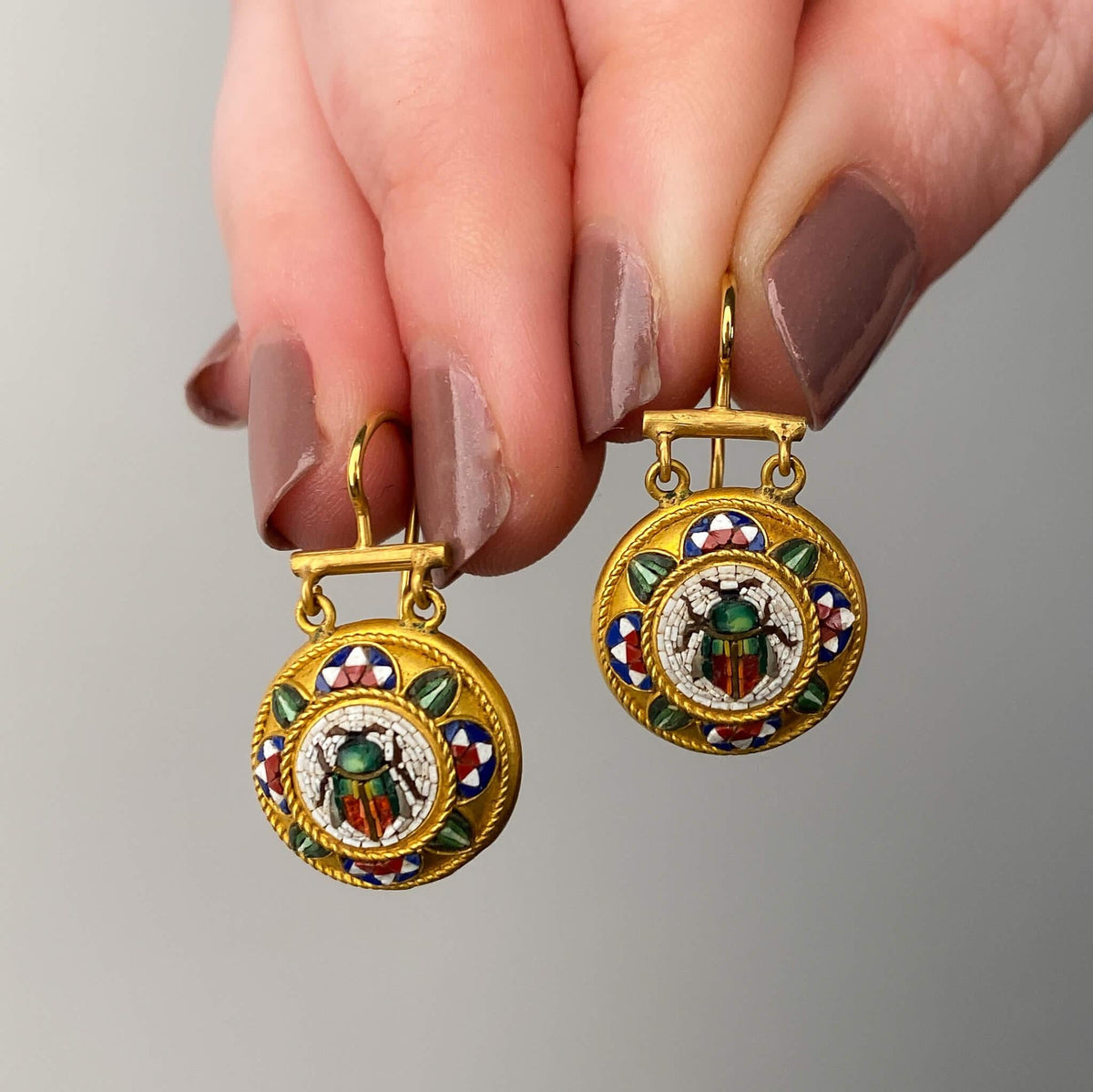 Antique Micromosaic Scarab Earrings of 18k Gold - Trademark Antiques