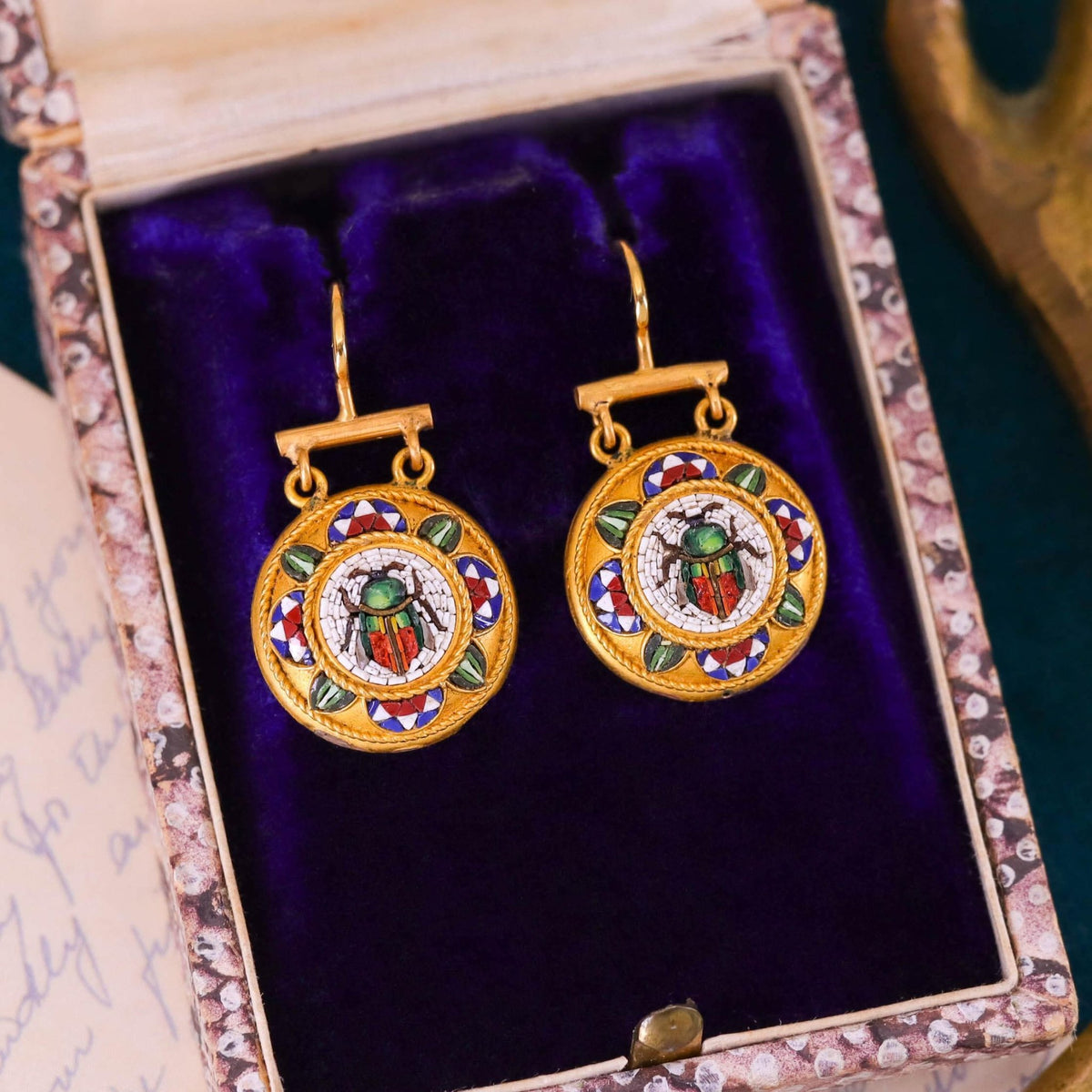 Antique Micromosaic Scarab Earrings of 18k Gold - Trademark Antiques