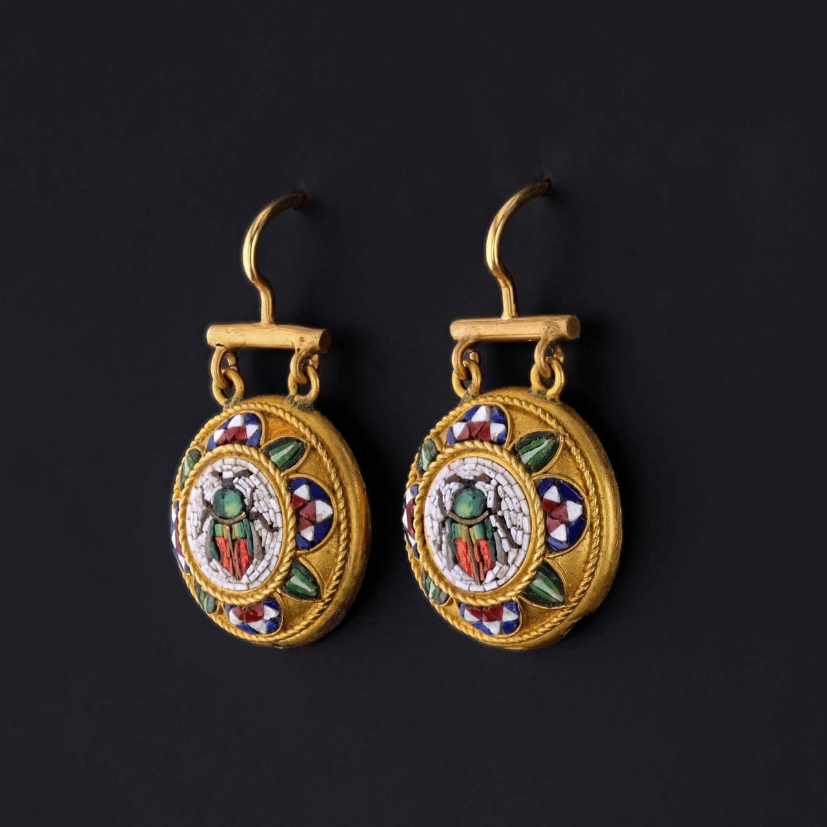 Antique Micromosaic Scarab Earrings of 18k Gold - Trademark Antiques