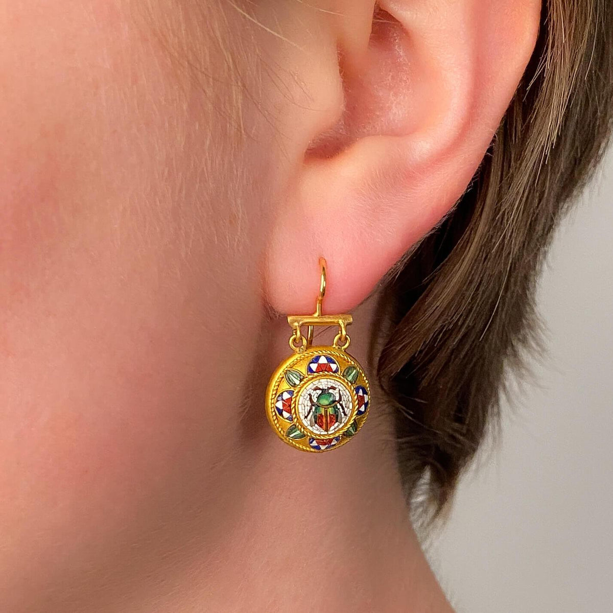 Antique Micromosaic Scarab Earrings of 18k Gold - Trademark Antiques