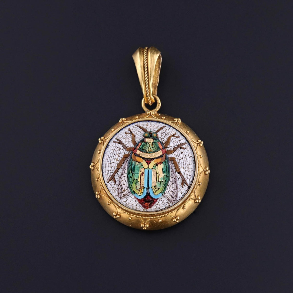 Antique Micromosaic Scarab Locket of 14k Gold - Trademark Antiques