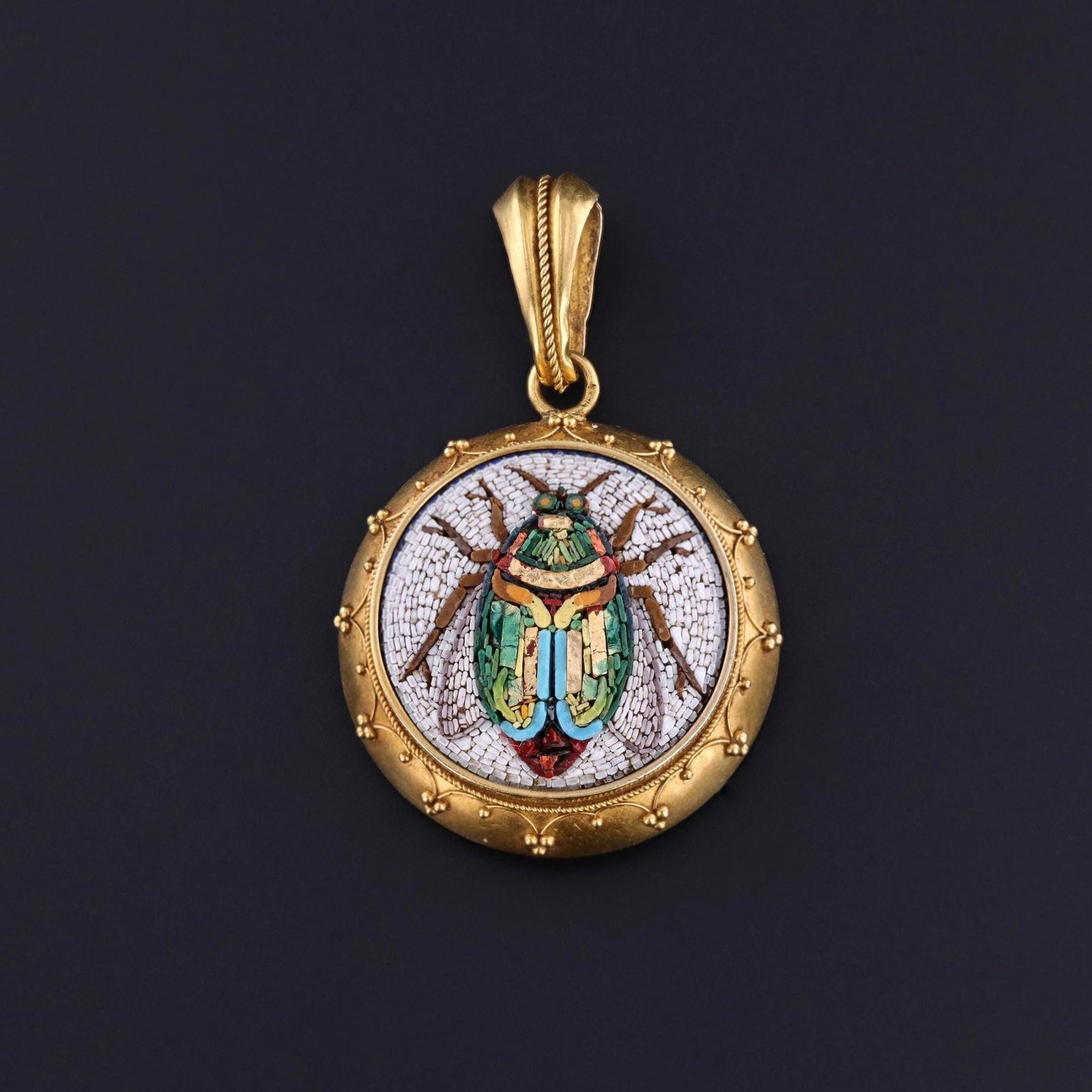 Antique Micromosaic Scarab Locket of 14k Gold - Trademark Antiques