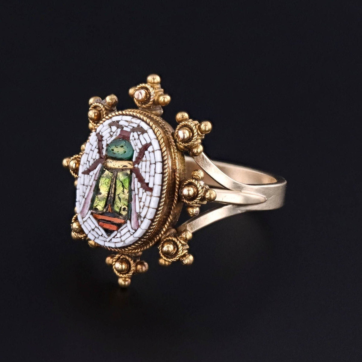 Antique Micromosaic Scarab Ring of 14k Gold - Trademark Antiques