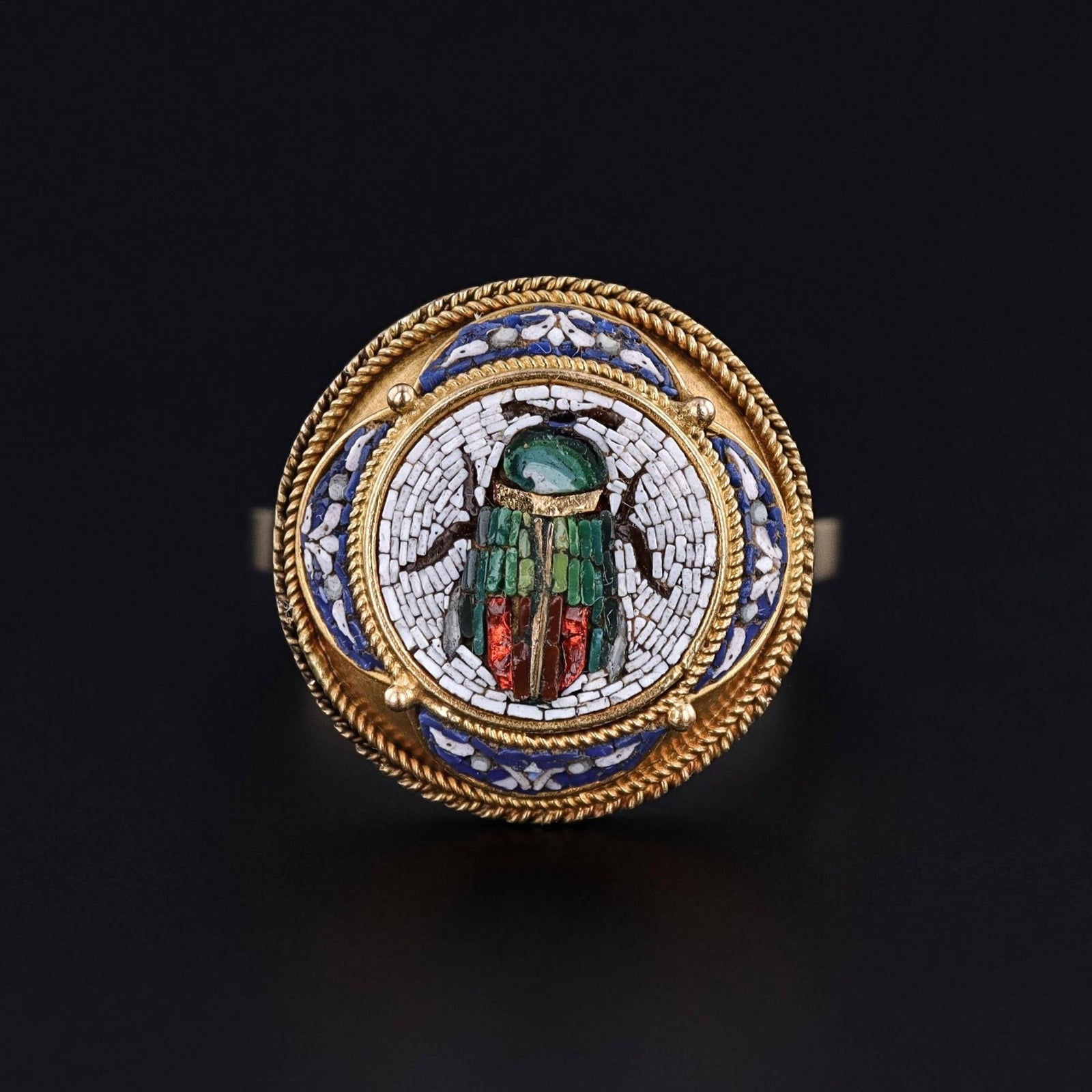 Antique Micromosaic Scarab Ring of 18k Gold - Trademark Antiques