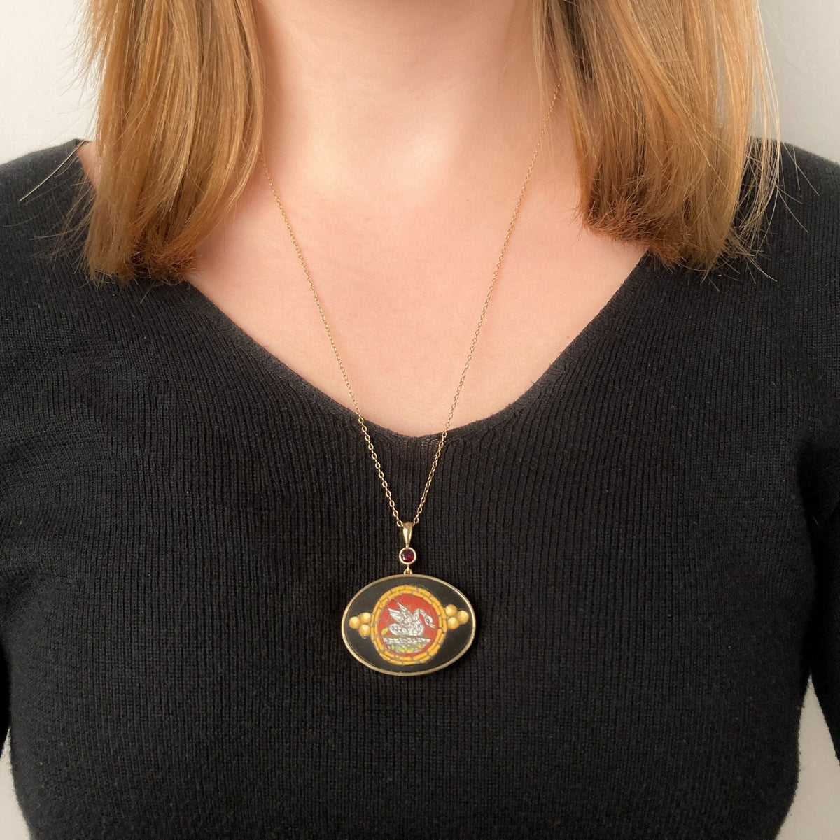 Antique Micromosaic Swan Necklace of 14k Gold - Trademark Antiques
