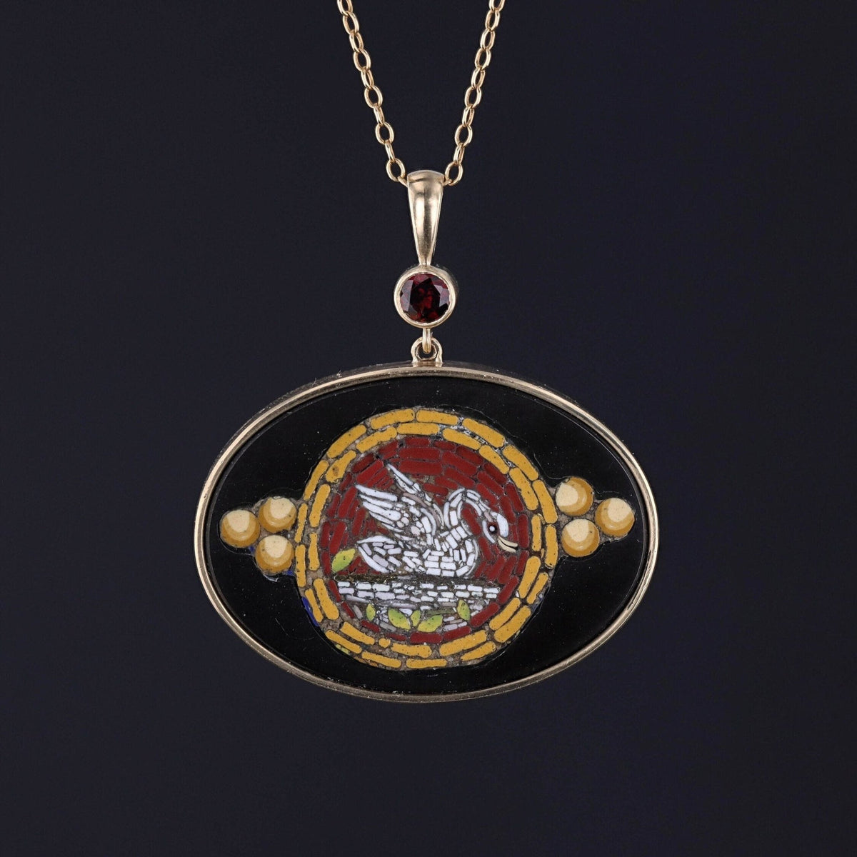 Antique Micromosaic Swan Necklace of 14k Gold - Trademark Antiques