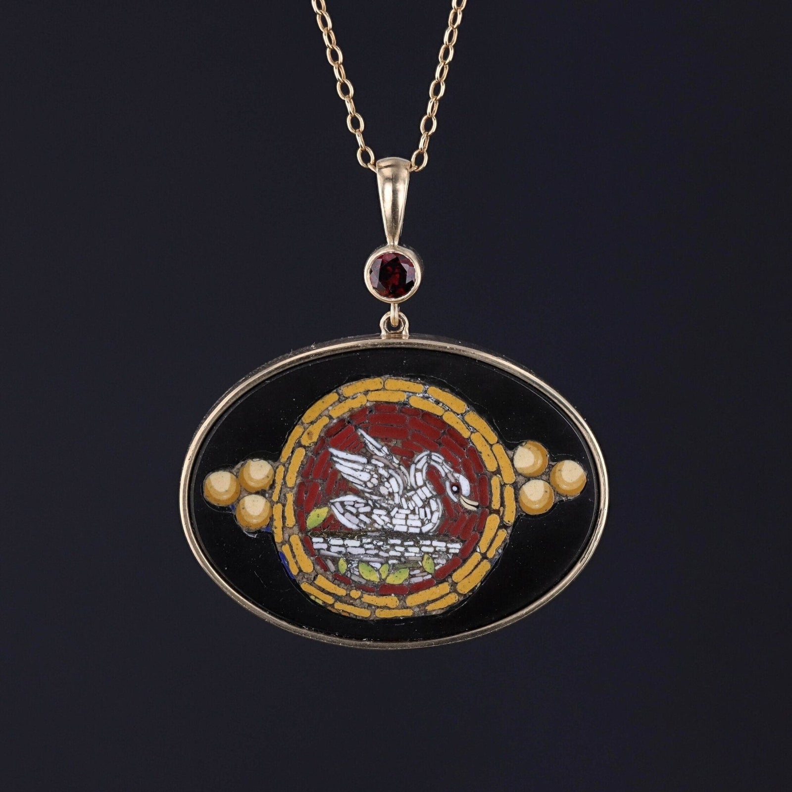Antique Micromosaic Swan Necklace of 14k Gold - Trademark Antiques