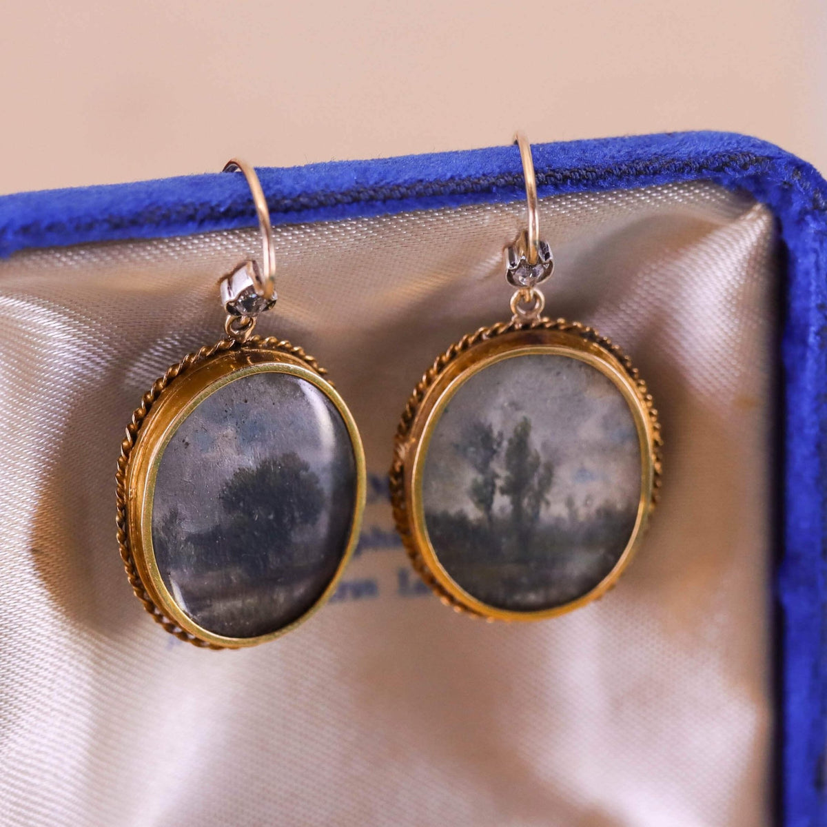 Antique Miniature Landscape Earrings of 14k Gold - Trademark Antiques