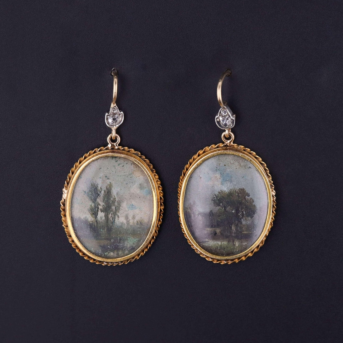 Antique Miniature Landscape Earrings of 14k Gold - Trademark Antiques