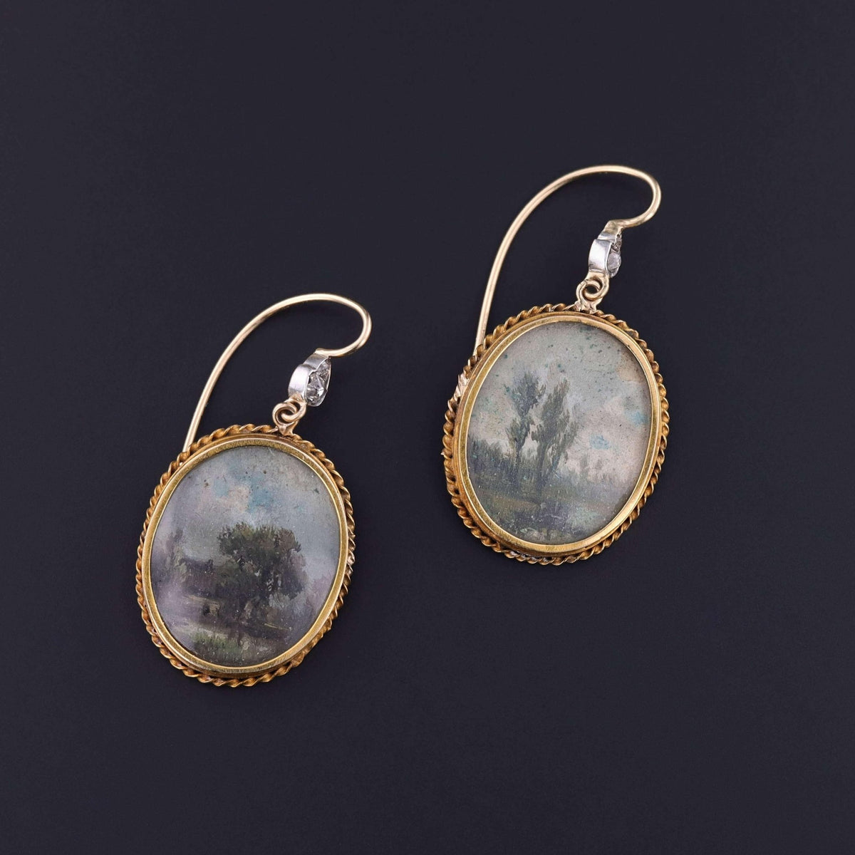 Antique Miniature Landscape Earrings of 14k Gold - Trademark Antiques